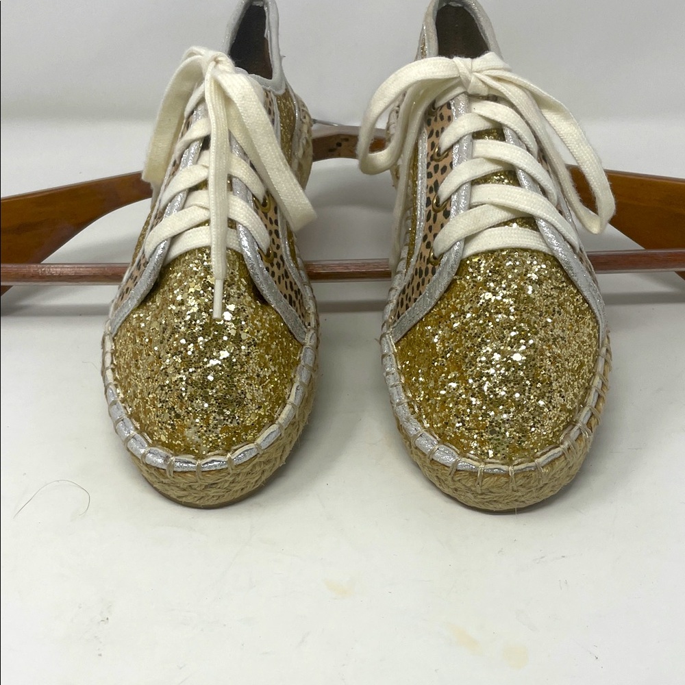 Michelle McDowell Gold Glitter & Leopard Espadrille Lace-Up Shoes Size 6